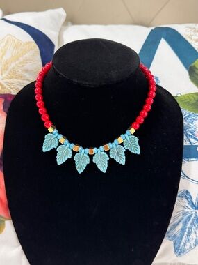 Red Beaded Necklace with Turquoise Leaf Charms Women Jewelry, glass and acrylic